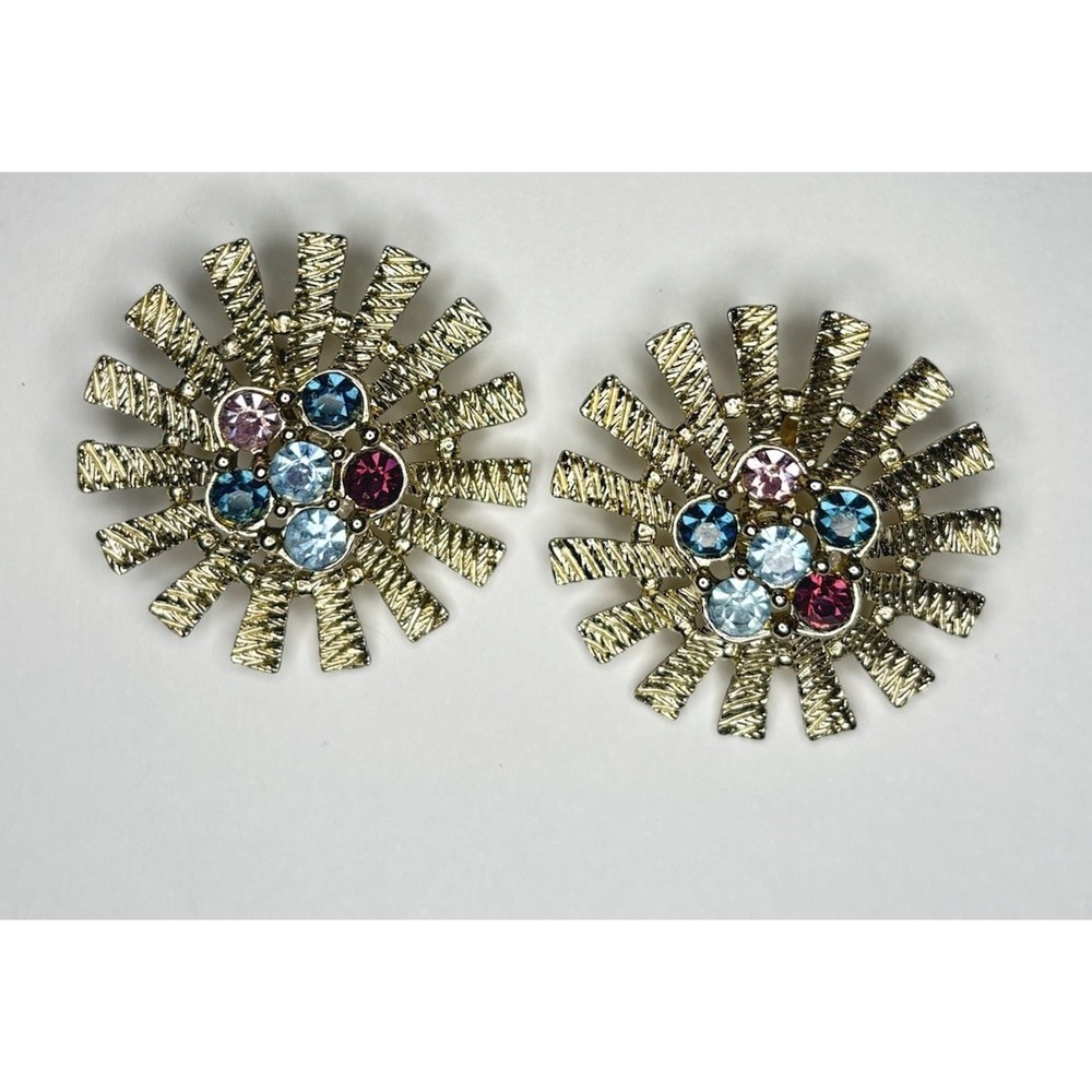 Vintage Emmons Starburst Clip On Earrings Multicolor Rhinestone Gold Tone
